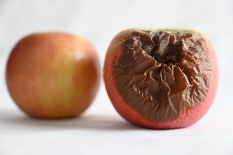 A close up of an apple with chocolate on it