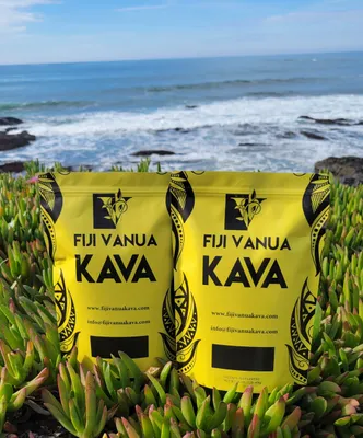 A Fiji Vanua Kava Coffee Filter Packets in Yellow Color by the Beach