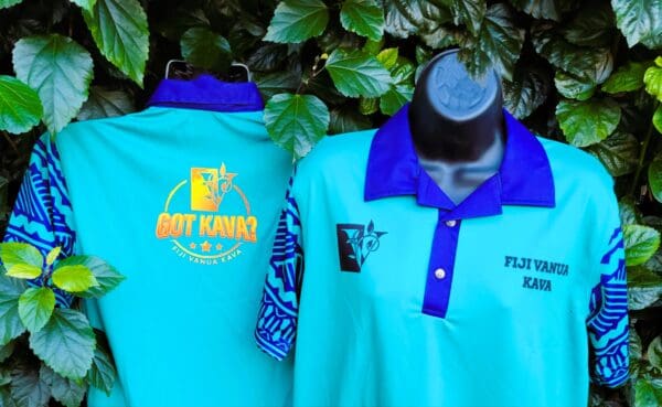 Blue and teal polo shirt with Kava logo.